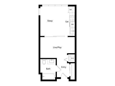 A floor plan of a room with a sleeping area, a live/play area, a bathroom, and an entry way.